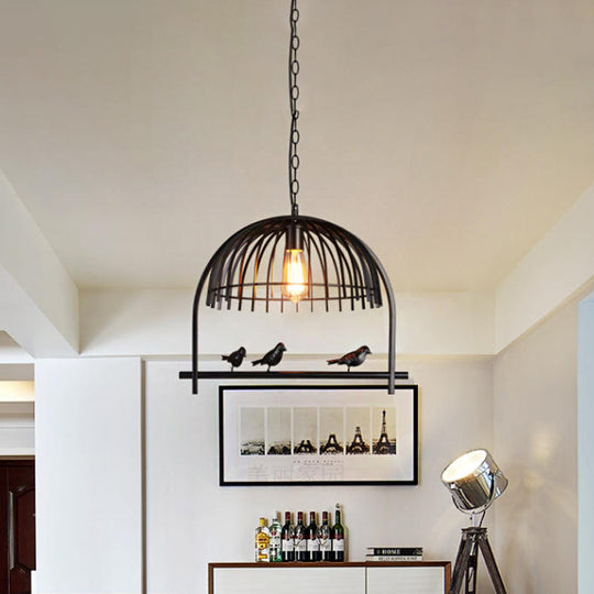 Lodge Style Birdcage Hanging Light Fixture - Iron Pendant With Dome Shade In Rust/Black