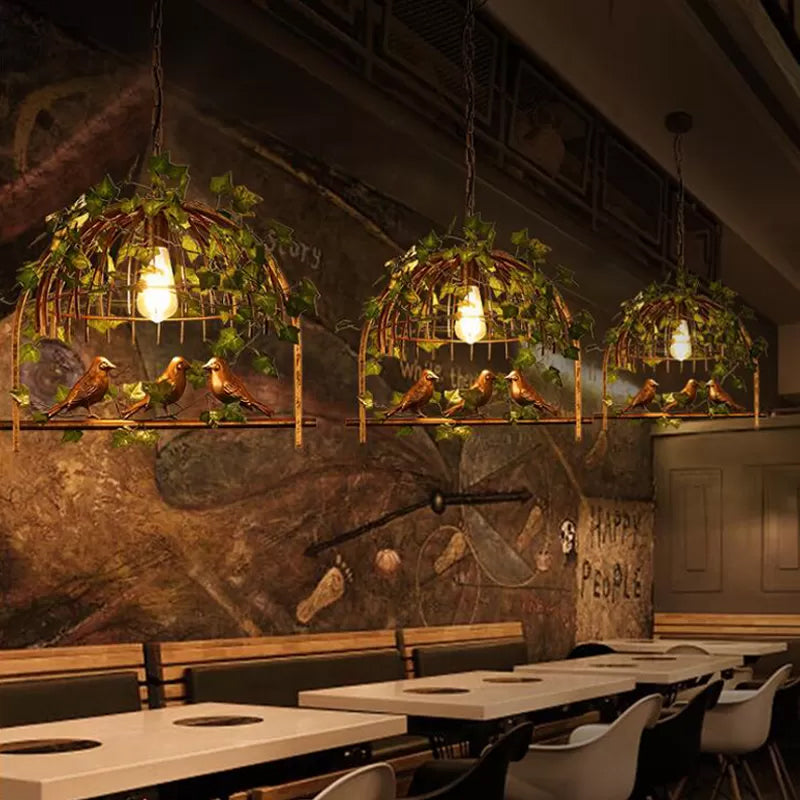 Lodge Style Birdcage Hanging Light Fixture - Iron Pendant With Dome Shade In Rust/Black