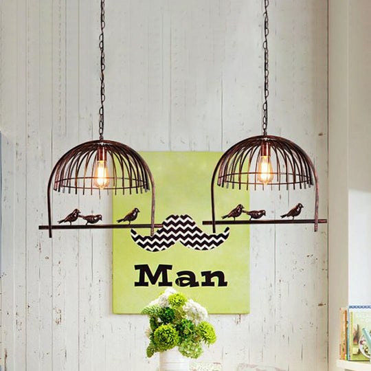 Lodge Style Birdcage Hanging Light Fixture - Iron Pendant With Dome Shade In Rust/Black