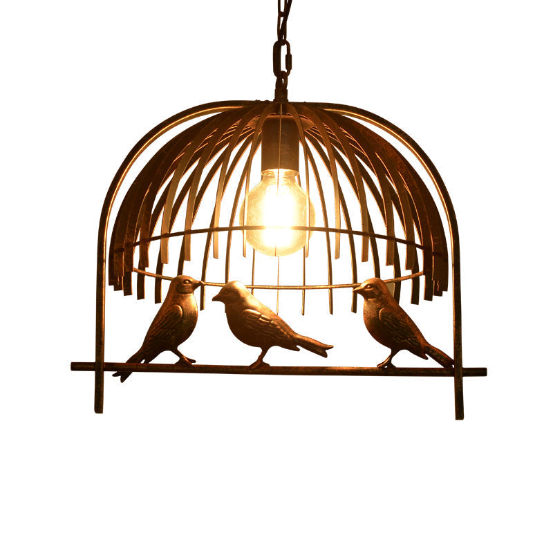 Lodge Style Birdcage Hanging Light Fixture - Iron Pendant With Dome Shade In Rust/Black