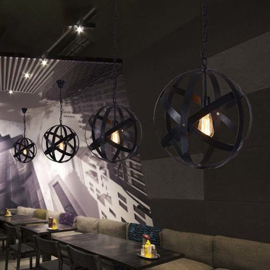 Spherical Industrial Black Metallic Pendant Lamp With Wire Guard - 1 Light Hanging Ceiling For