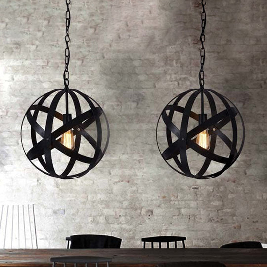 Spherical Industrial Black Metallic Pendant Lamp With Wire Guard - 1 Light Hanging Ceiling For