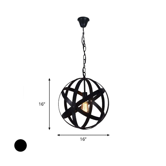 Spherical Industrial Black Metallic Pendant Lamp With Wire Guard - 1 Light Hanging Ceiling For