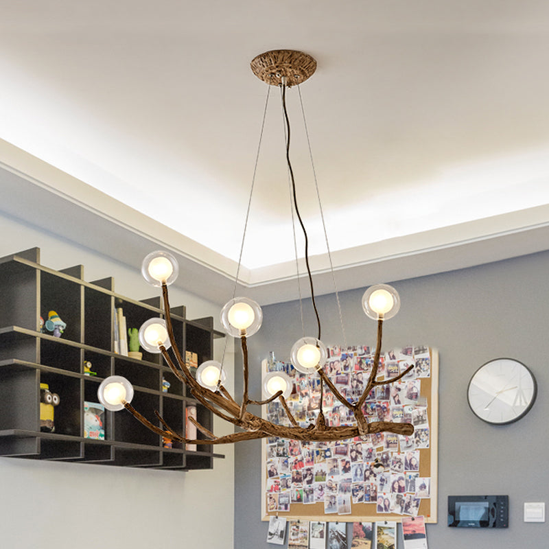 Wooden Branch Chandelier Lodge Style Ceiling Light With Glass Ball Shade - Warm/White 8/12/16 Lights