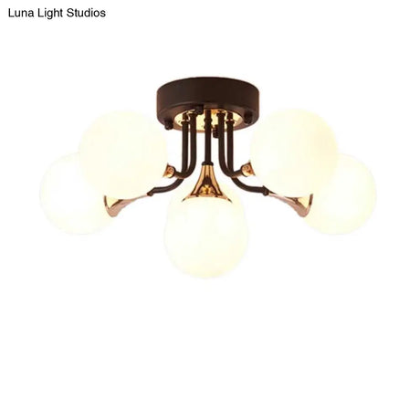 6/10/13 Semi Flush Chandelier With Milk White Glass Shades - Black Ceiling Mounted Sphere Light