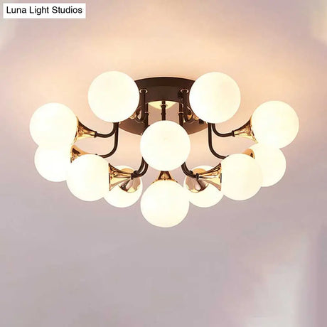 6/10/13 Semi Flush Chandelier With Milk White Glass Shades - Black Ceiling Mounted Sphere Light