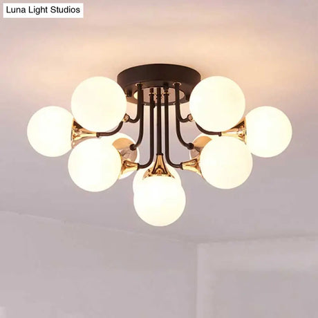 6/10/13 Semi Flush Chandelier With Milk White Glass Shades - Black Ceiling Mounted Sphere Light