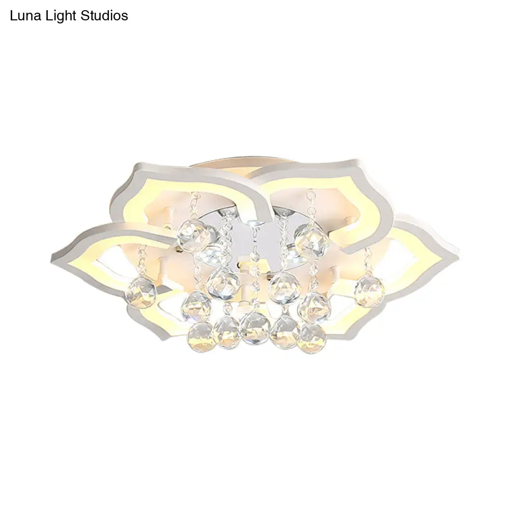 6/16/20 White Flush Mount Ceiling Light For Living Room - Warm/White Floral Acrylic Shade Crystal