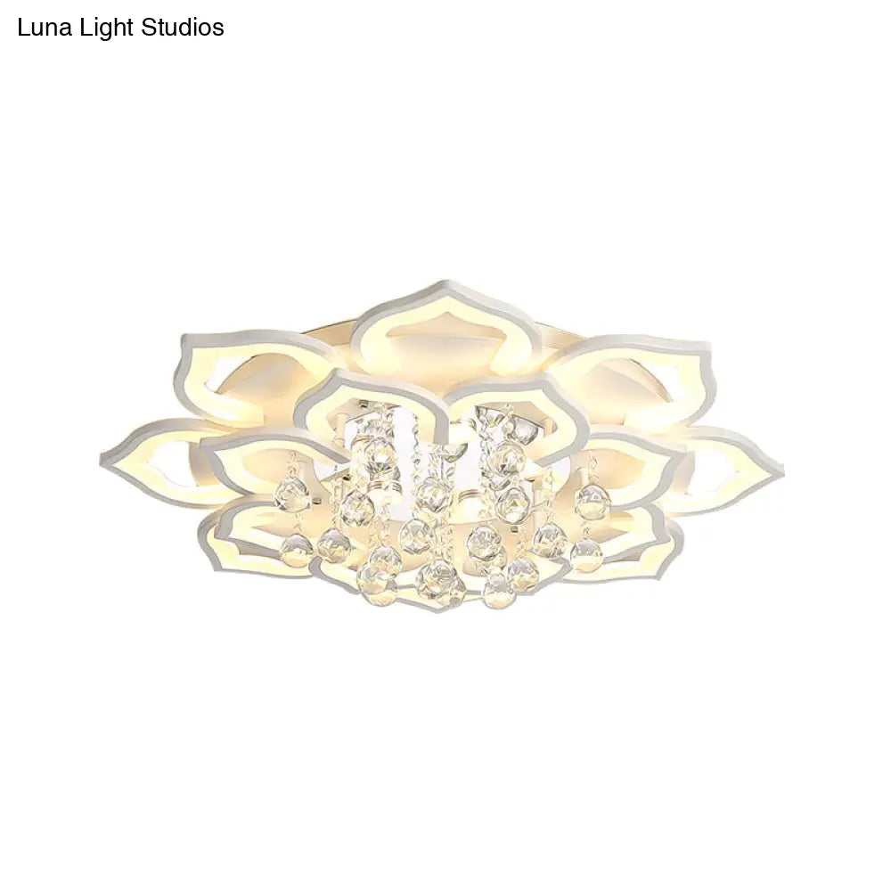 6/16/20 White Flush Mount Ceiling Light For Living Room - Warm/White Floral Acrylic Shade Crystal