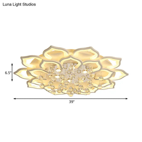 6/16/20 White Flush Mount Ceiling Light For Living Room - Warm/White Floral Acrylic Shade Crystal