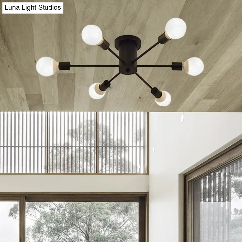 6/8 Head Retro Metal Ceiling Light Fixture - Semi Flush Mount Lighting For Bedroom In Black/White