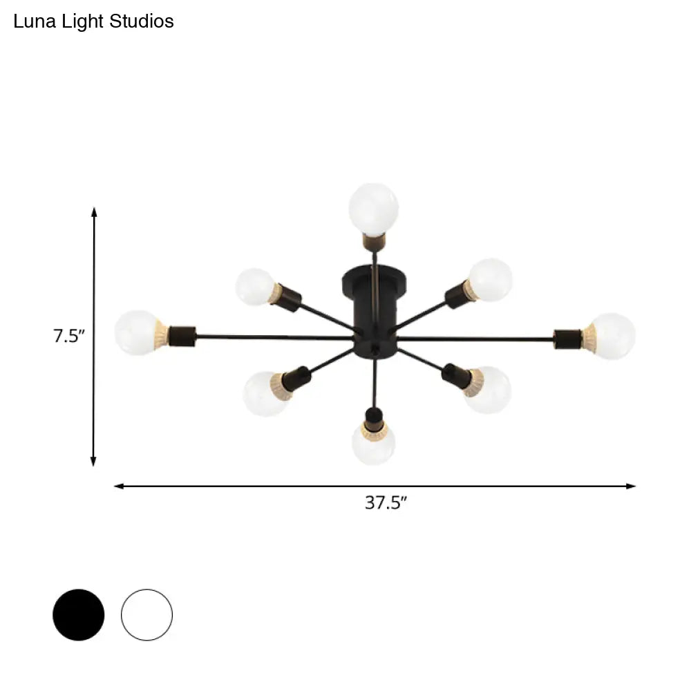 6/8 Head Retro Metal Ceiling Light Fixture - Semi Flush Mount Lighting For Bedroom In Black/White