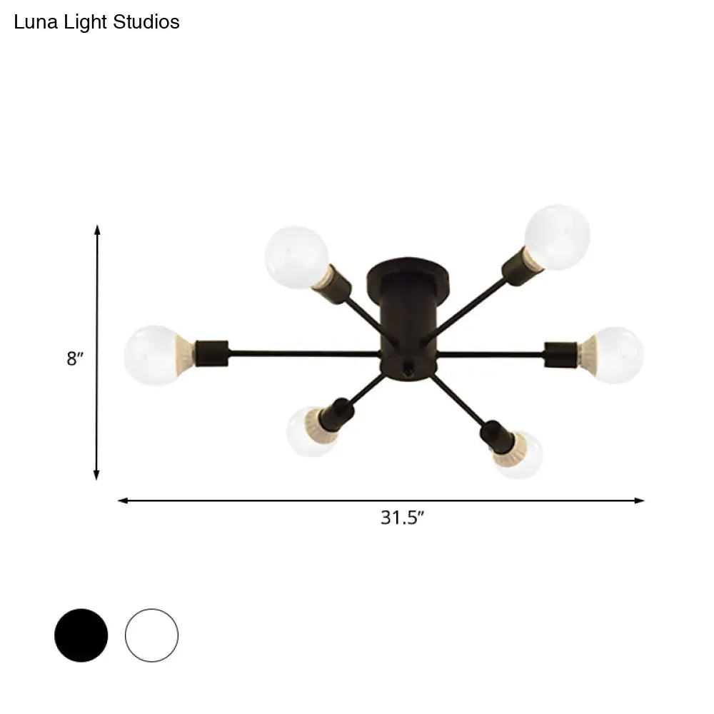 6/8 Head Retro Metal Ceiling Light Fixture - Semi Flush Mount Lighting For Bedroom In Black/White
