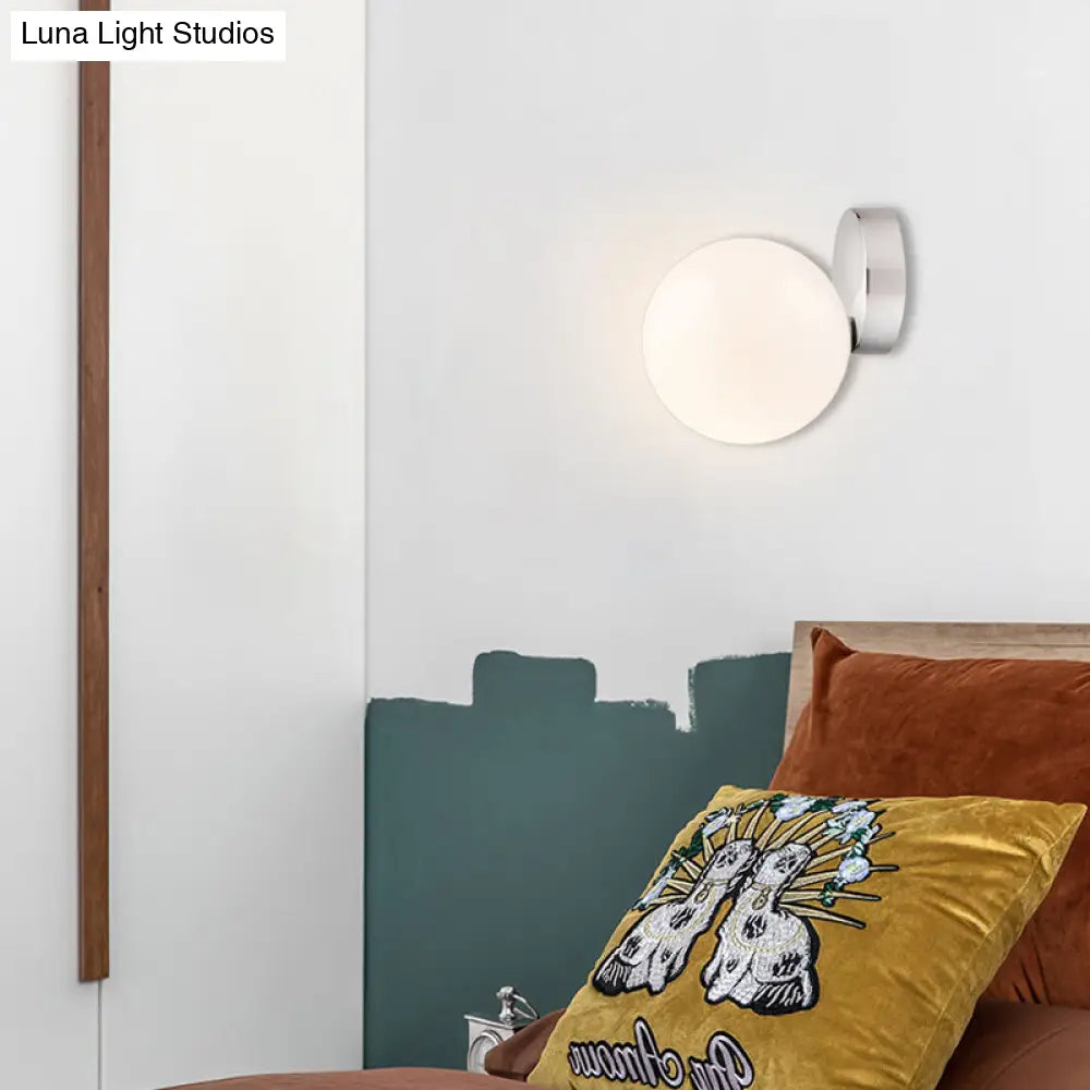6/8 Round Ball Wall Sconce Modern Style Milk Glass Living Room Light Mounted Lamp With Silver Finish