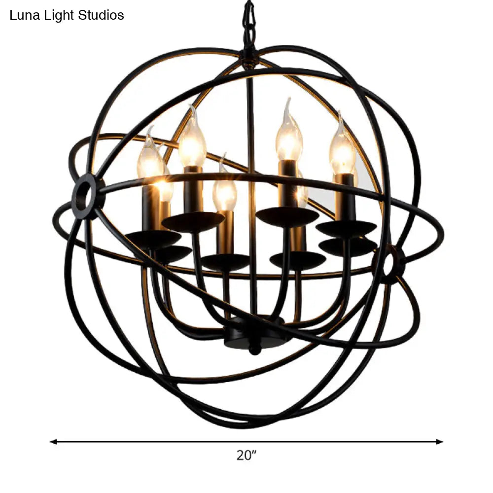 Black Iron Warehouse Chandelier Pendant With 6 Spherical Bulbs For Restaurants