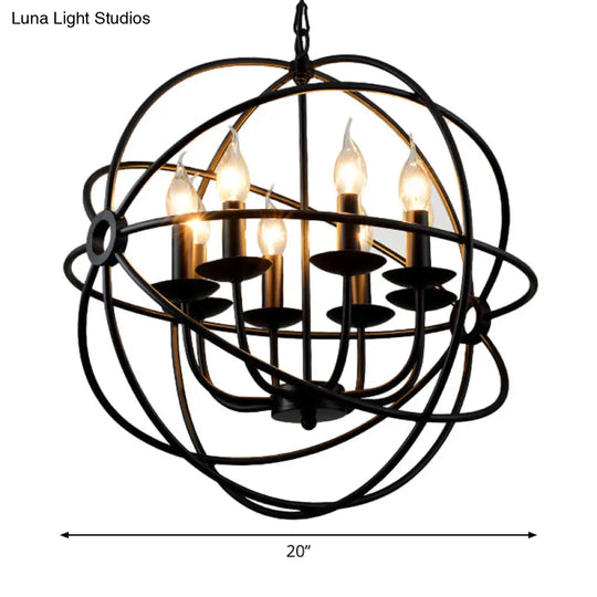 Black Iron Warehouse Chandelier Pendant With 6 Spherical Bulbs For Restaurants