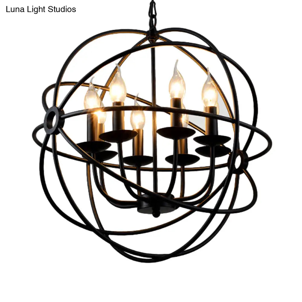 Black Iron Warehouse Chandelier Pendant With 6 Spherical Bulbs For Restaurants