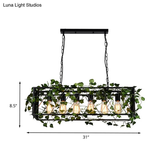 6-Head Metal Island Pendant - Antique Black Rectangular Led Down Lighting For Restaurants With Plant