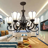 6-Light Floral Chandelier Tiffany-Style Art Glass Shade With Adjustable Chain - White Ceiling