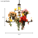 6-Light Industrial Black Metal Chandelier Pendant With Flower Decoration—Graceful Candelabra