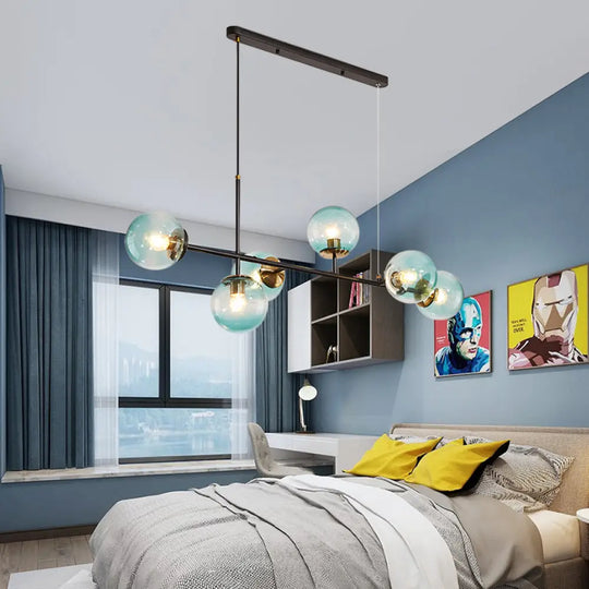 6-Light Industrial Island Pendant With Amber/Milky White/Blue Gradient Glass Shades & Adjustable