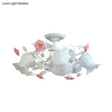 6 - Light Pink Lodge Bedroom Ceiling Fixture With Flower Glass Shade Semi - Flush Mount