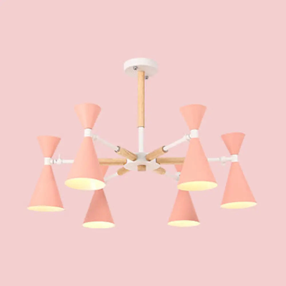 6-Light Scandinavian Hanging Chandelier With Metal Horn Shade For Kids Bedroom Pink