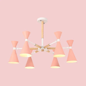 6-Light Scandinavian Hanging Chandelier With Metal Horn Shade For Kids Bedroom Pink