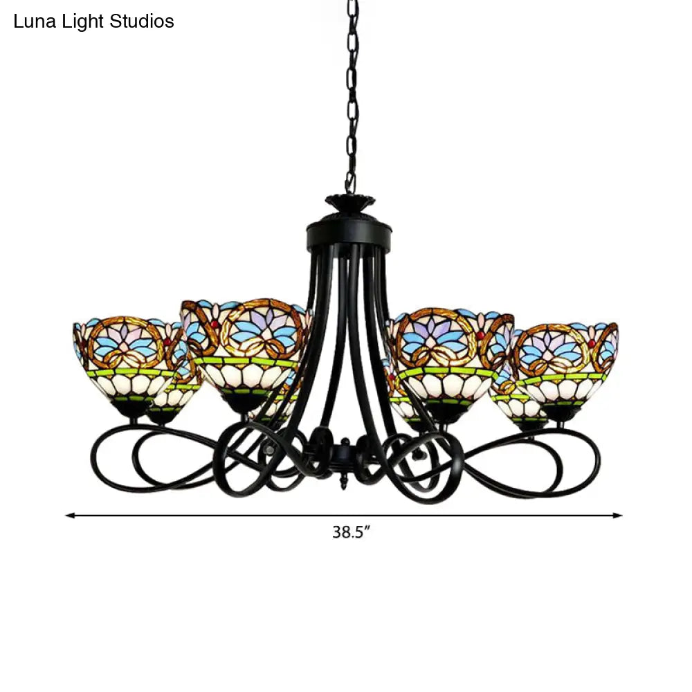 6-Light Stained Glass Bowl Pendant Chandelier In Black Finish With Adjustable Chain - Victorian