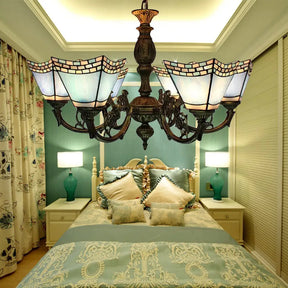 6-Light Tiffany-Style Chandelier For Dining Rooms With Chain - Geometric Hanging Fixture And Art