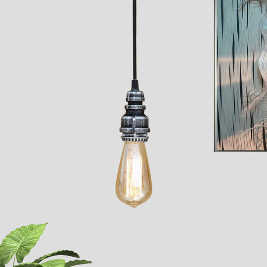 Metal Adjustable Hanging Lamp With Open Bulb - Industrial Stylish Ceiling Fixture (Black/Silver)