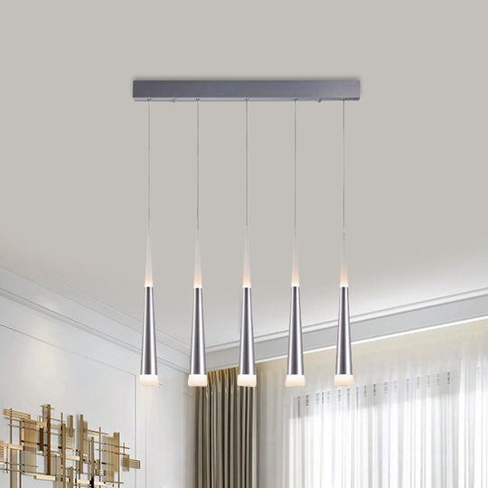 Modern Tapered Hanging Lamp With 5/6 Silver Metal Heads - Stylish Pendant Light For Dining Room In