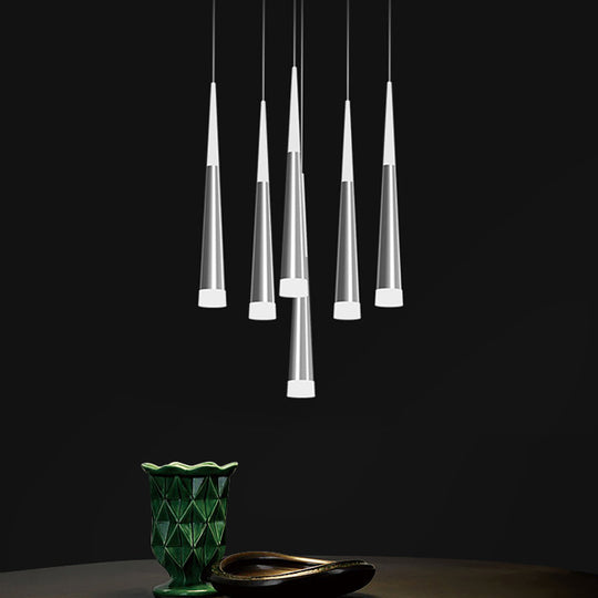 Modern Tapered Hanging Lamp With 5/6 Silver Metal Heads - Stylish Pendant Light For Dining Room In