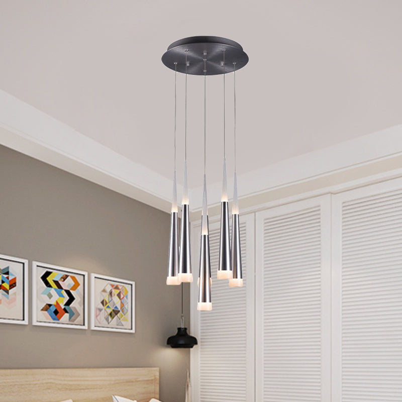 Modern Tapered Hanging Lamp With 5/6 Silver Metal Heads - Stylish Pendant Light For Dining Room In