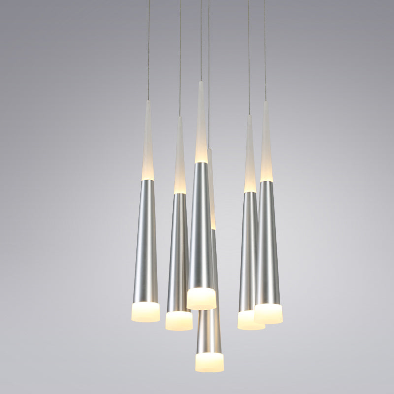 Modern Tapered Hanging Lamp With 5/6 Silver Metal Heads - Stylish Pendant Light For Dining Room In