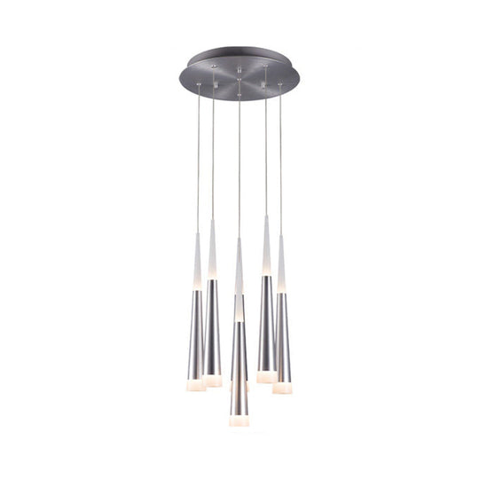 Modern Metal Tapered Hanging Lamp With Silver Pendant Light - 5/6 Heads For Dining Room In