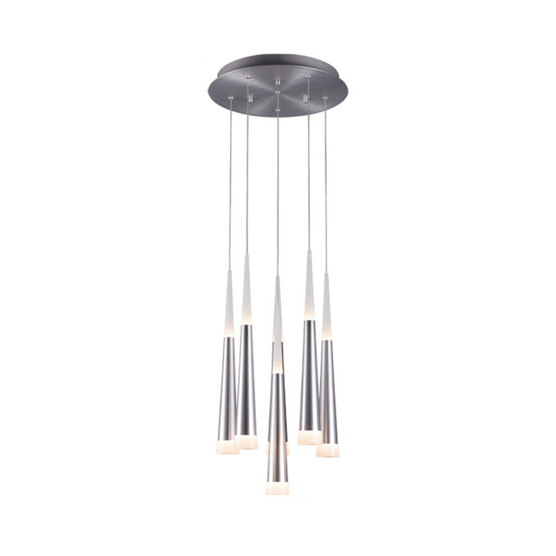 Modern Tapered Hanging Lamp With 5/6 Silver Metal Heads - Stylish Pendant Light For Dining Room In