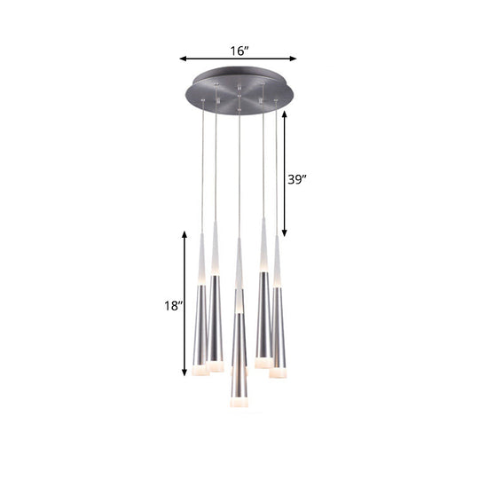 Modern Tapered Hanging Lamp With 5/6 Silver Metal Heads - Stylish Pendant Light For Dining Room In