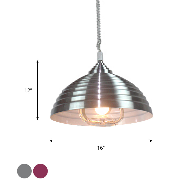Vintage Metal Domed Pendant Light With Ribbed Design - Rose Red/Nickel Finish 1 Bulb Indoor Lighting