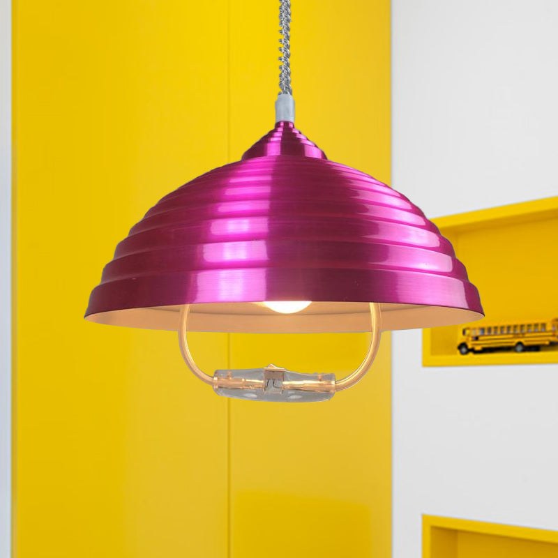 Vintage Metal Domed Pendant Light With Ribbed Design - Rose Red/Nickel Finish 1 Bulb Indoor Lighting