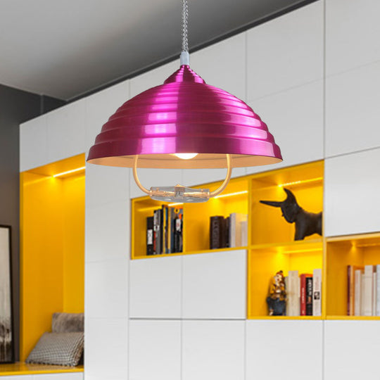 Vintage Metal Domed Pendant Light With Ribbed Design - Rose Red/Nickel Finish 1 Bulb Indoor Lighting