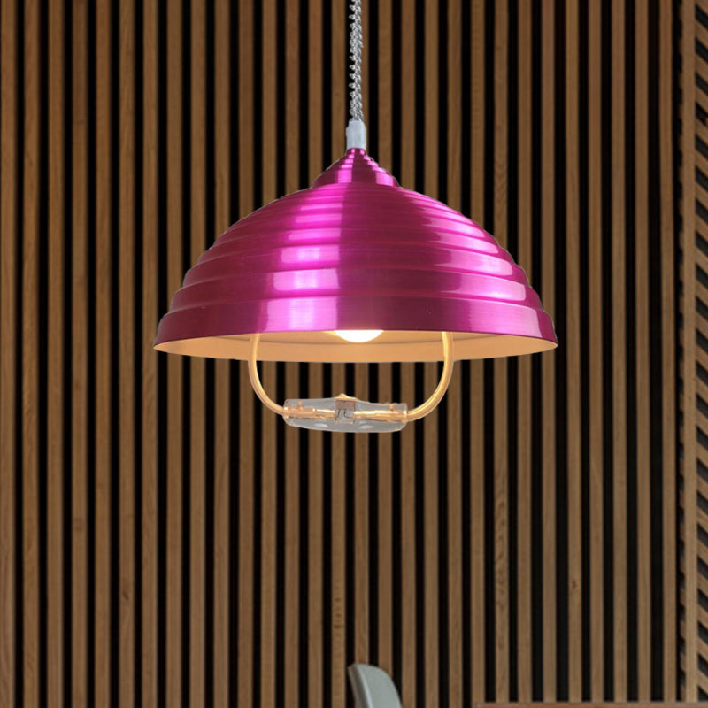 Vintage Rose Red/Nickel Domed Hanging Light Pendant With Ribbed Design - Indoor Metal Lighting 1