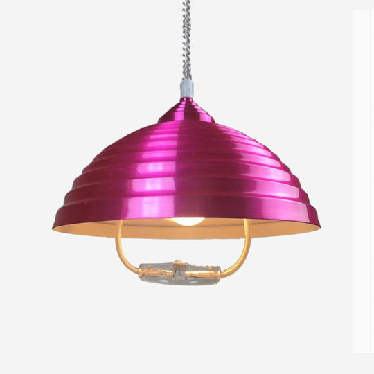 Vintage Metal Domed Pendant Light With Ribbed Design - Rose Red/Nickel Finish 1 Bulb Indoor Lighting