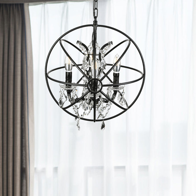 Vintage Hanging Lamp With Globe Cage Shade And Crystal Decoration - Black Iron Chandelier Lighting