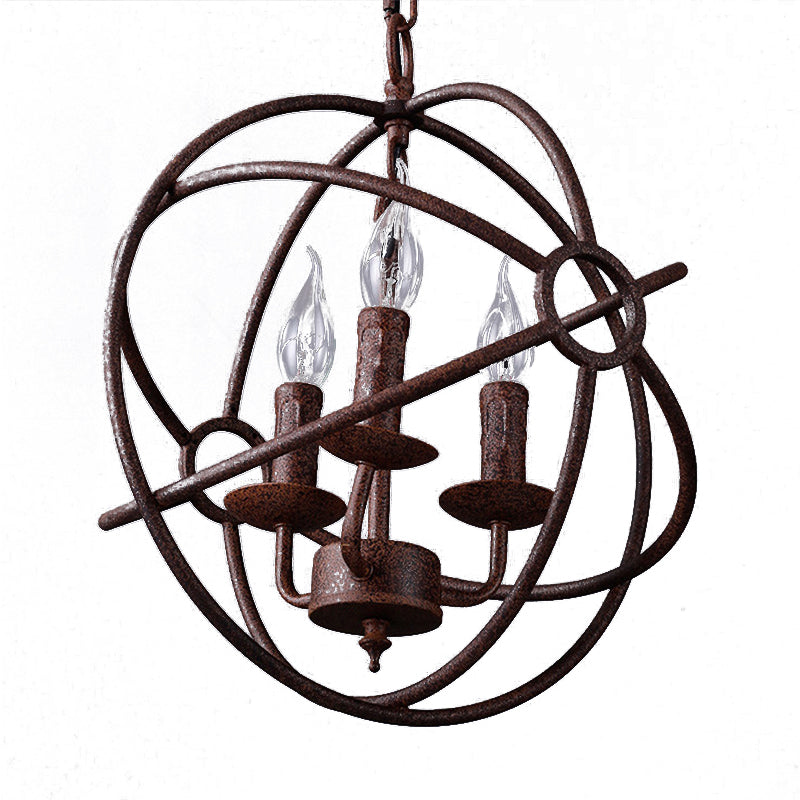 Spherical Wrought Iron Hanging Light: Antique Style Indoor Chandelier Lamp In Black/Rust With 3/6/7