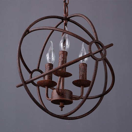 Spherical Wrought Iron Hanging Light: Antique Style Indoor Chandelier Lamp In Black/Rust With 3/6/7