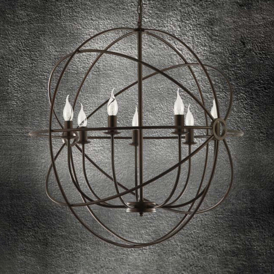 Spherical Wrought Iron Hanging Light: Antique Style Indoor Chandelier Lamp In Black/Rust With 3/6/7