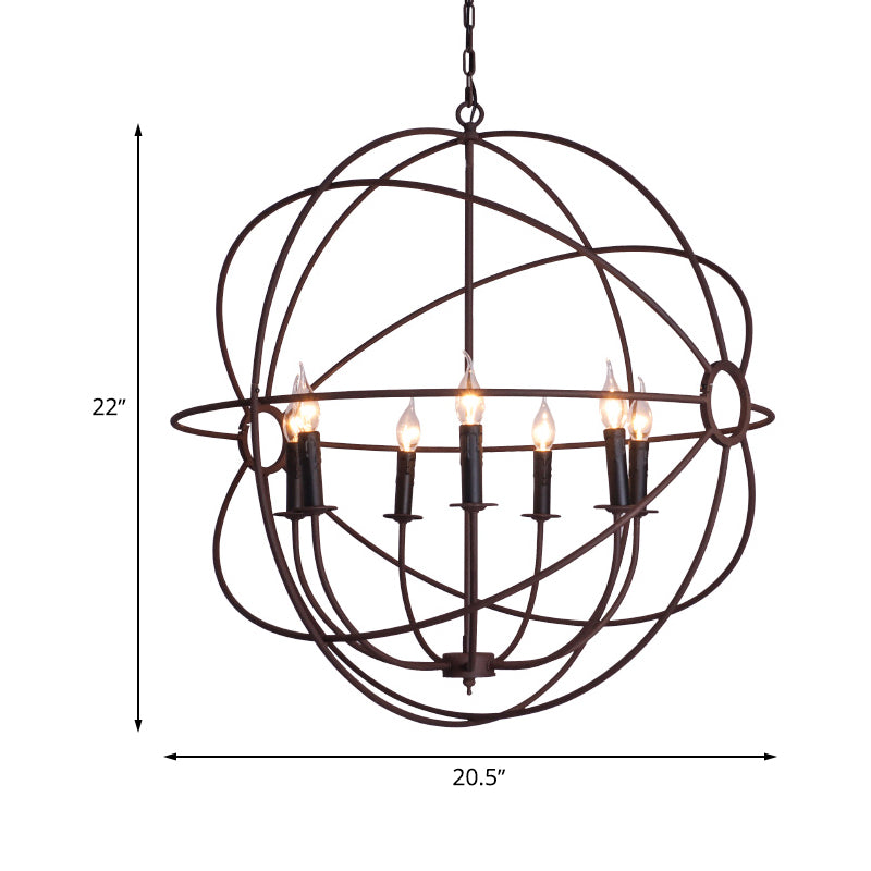 Spherical Wrought Iron Hanging Light: Antique Style Indoor Chandelier Lamp In Black/Rust With 3/6/7