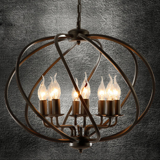 Industrial Black Round Cage Chandelier - 8-Light Pendant Light For Large Dining Rooms With Candle