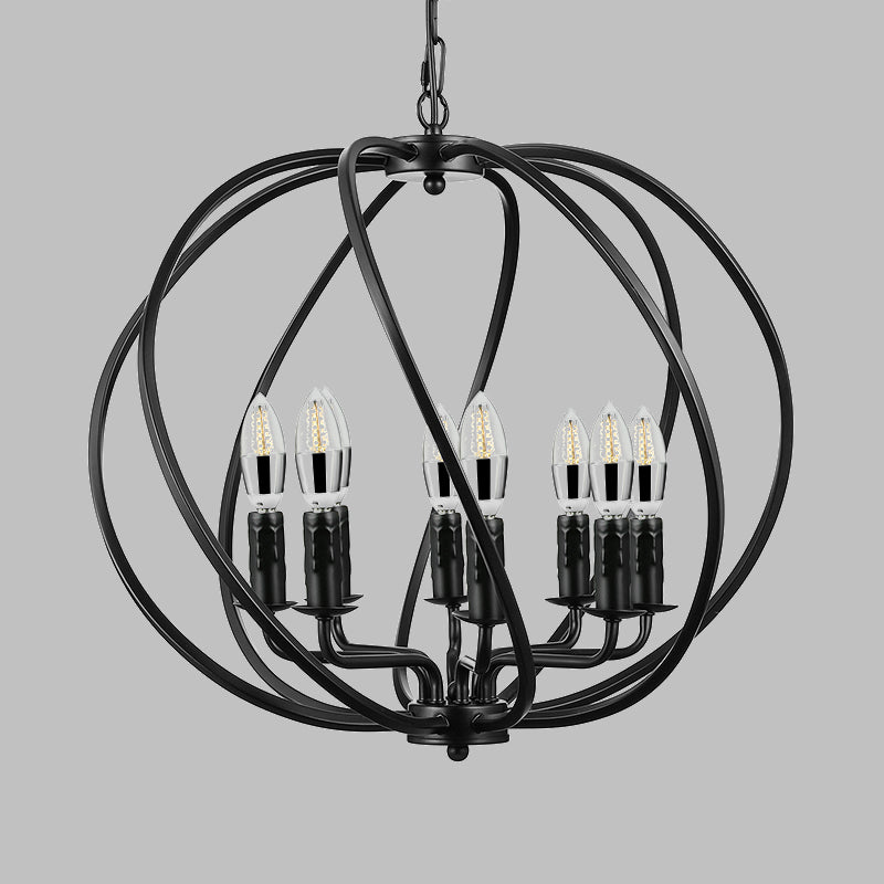 Industrial Black Round Cage Chandelier - 8-Light Pendant Light For Large Dining Rooms With Candle